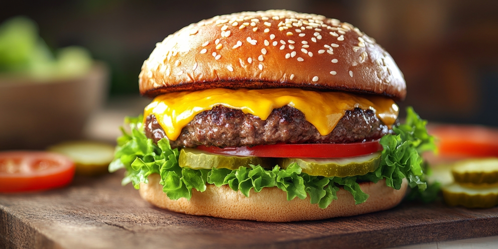 Close,Up,Of,A,Delicious,Cheeseburger,With,All,The,Fixings.