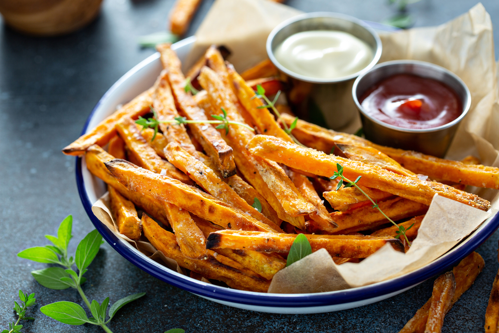 Sweet,Potato,Fries,With,Mayo,And,Ketchup,,Homemade,Roasted