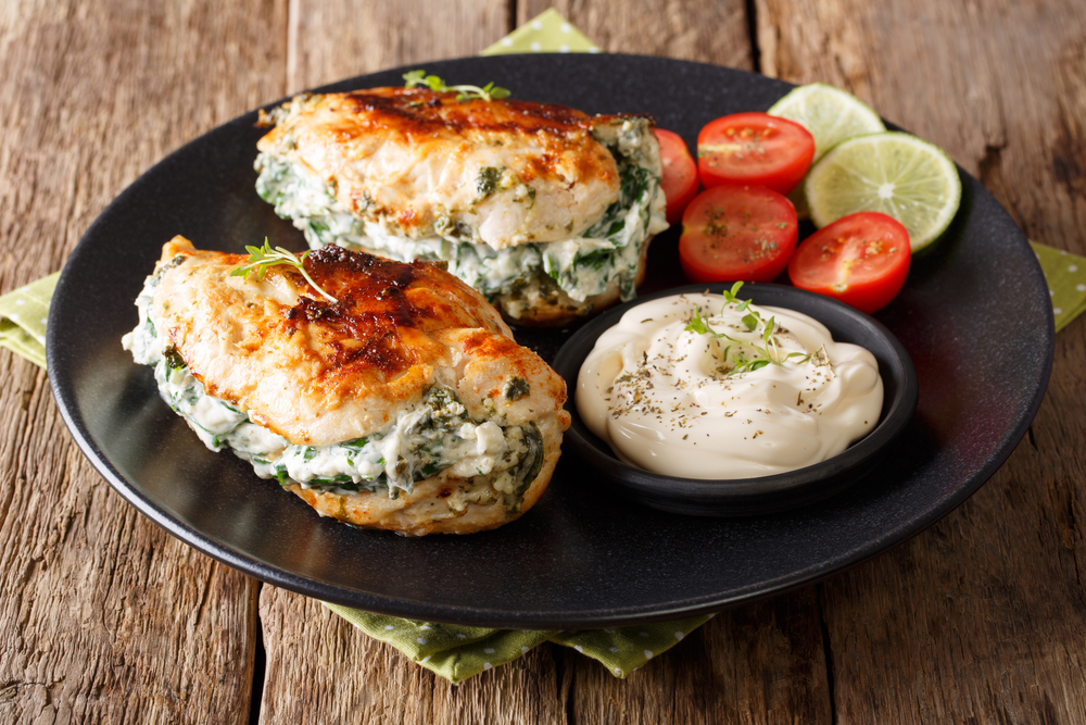 Baked,Chicken,Breast,Stuffed,With,Cheese,And,Spinach,,Close-up,On
