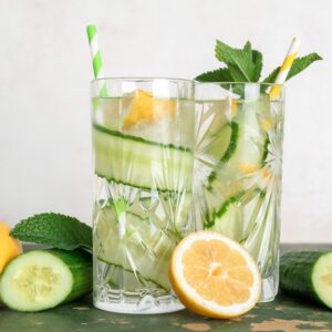 Glasses,Of,Lemonade,With,Cucumber,And,Mint,On,Green,Table